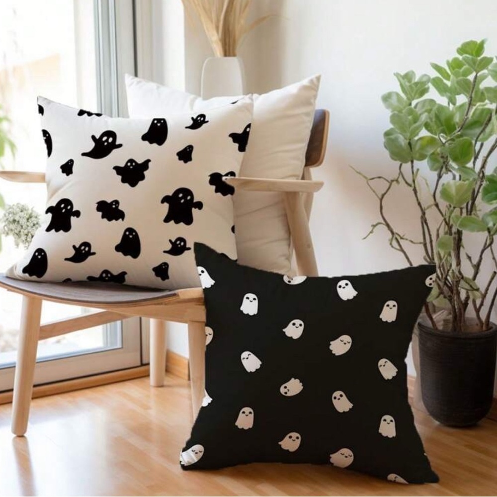 NEW Set of 2 Black and White Ghost Pillow Covers